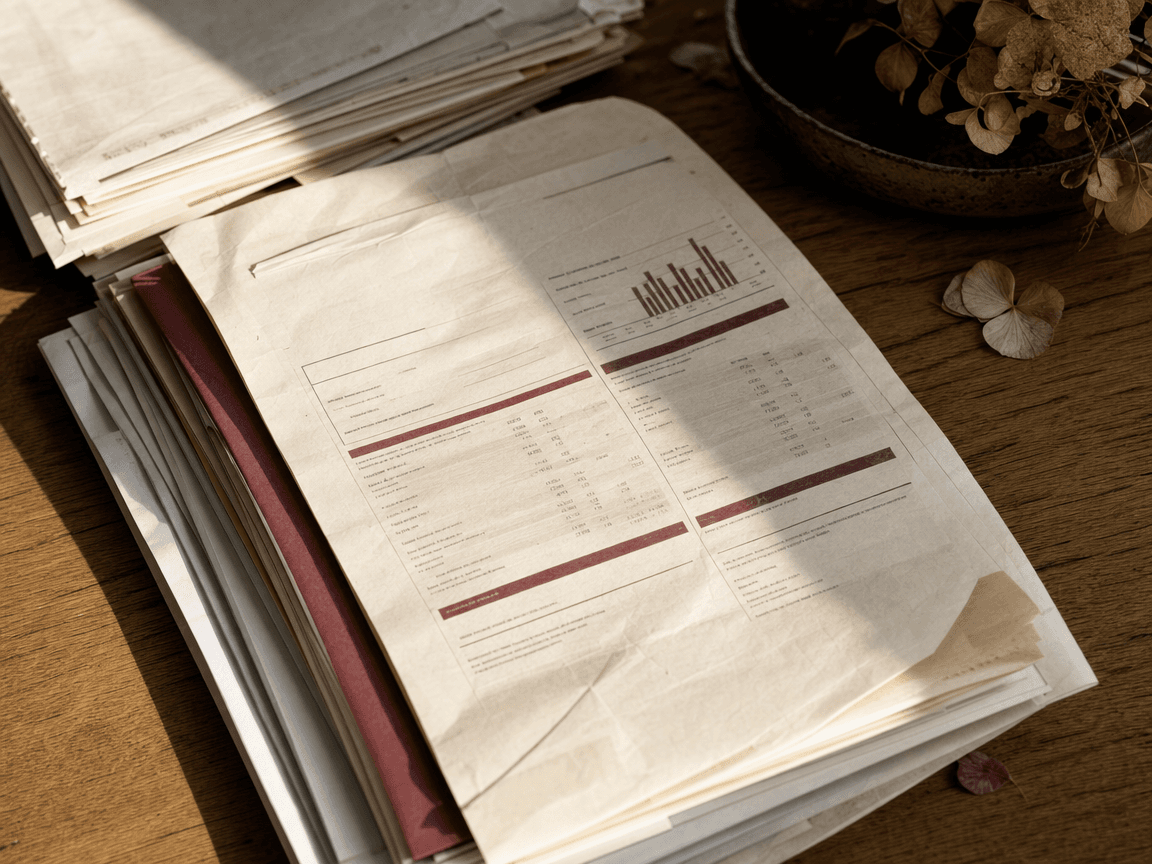 Une liasse de relevés de pension posée sur une table en bois, légèrement froissée, traversée par un rai de lumière de fin d'après-midi.
