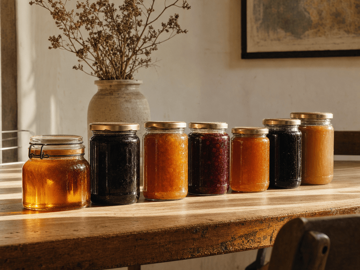 Une rangée de pots de confiture et de miel alignés sur une table en bois clair, étiquettes tournées vers l'objectif, baignés d'une lumière matinale rasante qui fait luire l'ambre et le grenat des contenus à travers le verre.