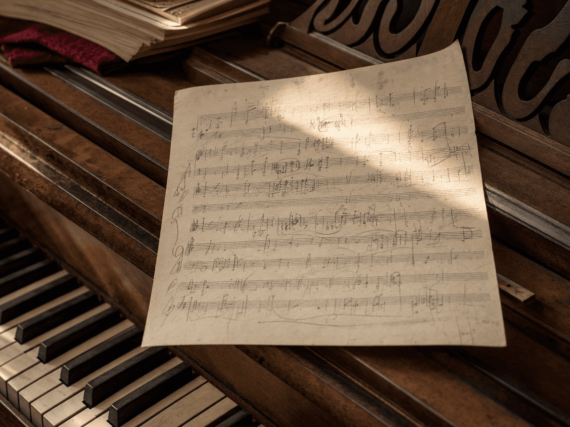 Une feuille de papier à musique manuscrite, couverte de notes et de ratures au crayon, posée sur le bois vieilli d'un piano droit, traversée par un rai de lumière dorée venant d'une fenêtre hors champ.