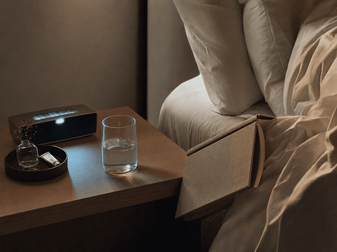Une table de nuit en bois clair, dans la pénombre dorée de l'aube, où un petit réveil électronique projette un halo bleuté sur un verre d'eau à moitié plein et un livre ouvert, posé face contre le drap froissé.