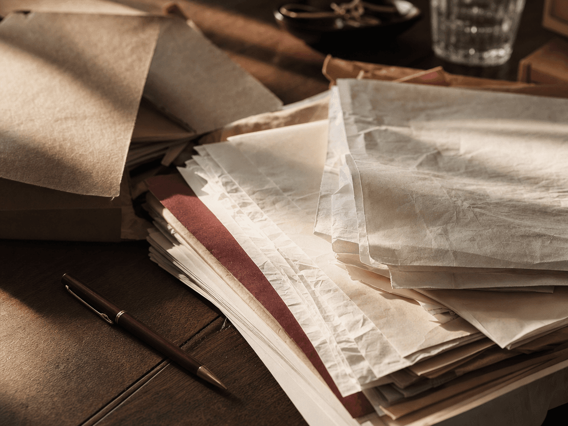Une liasse de documents administratifs froissés posée sur une table en bois sombre, à côté d'un stylo abandonné et d'une enveloppe kraft encore ouverte, éclairée en lumière rasante de fin d'après-midi.