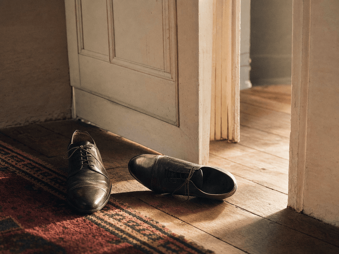Une paire de chaussures de ville posée sur le seuil d'une porte entrouverte, l'une encore lacée, l'autre abandonnée sur le côté — lumière de fin d'après-midi rasant le parquet.