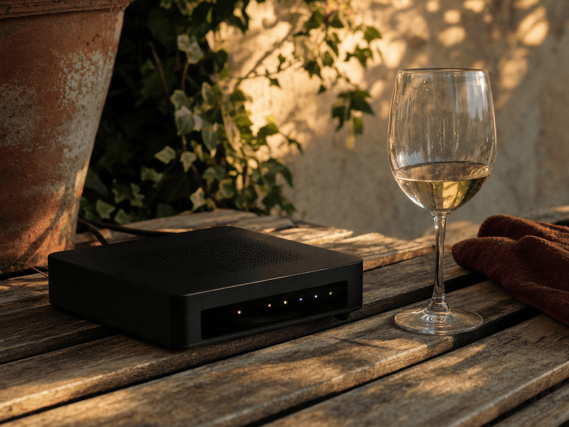 Une boîte électronique noire aux diodes clignotantes posée sur une table de jardin en bois patiné, dans la lumière rasante d'un soir d'été, un verre de vin blanc oublié à côté.