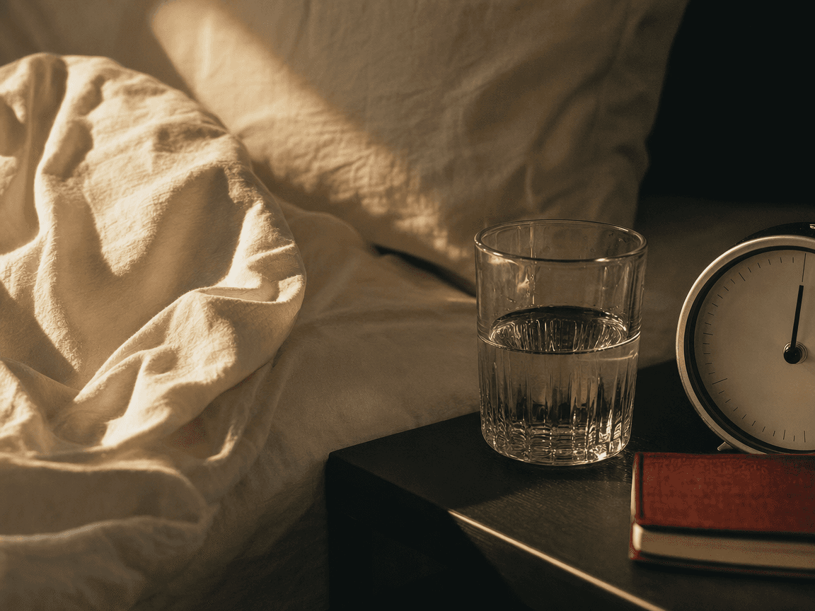 Un lit défait à l'aube, draps froissés en lumière rasante dorée, sur la table de nuit un verre d'eau à moitié plein et le cadran d'un réveil analogique dont on ne voit que l'aiguille des minutes.
