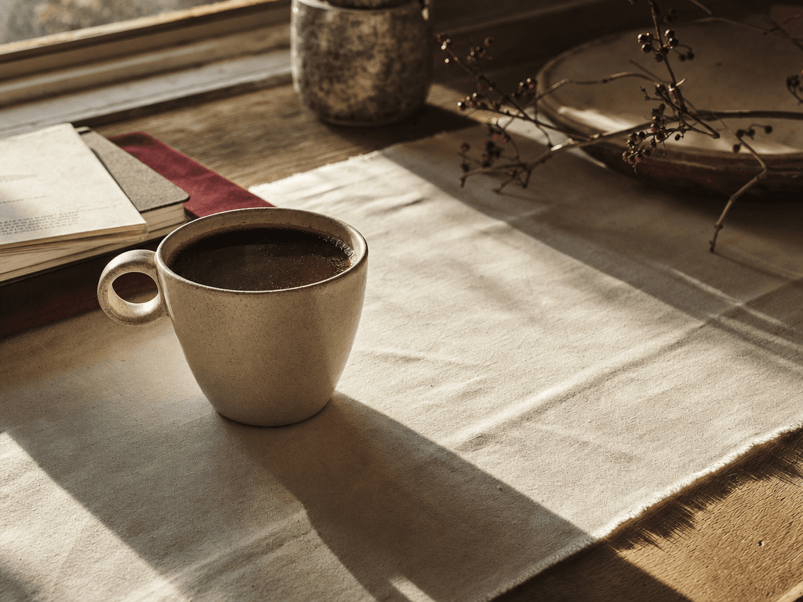Une tasse de café encore pleine, posée sur une table en bois près d'une fenêtre dont la lumière du matin dessine une ombre longue sur la nappe — personne en vue.