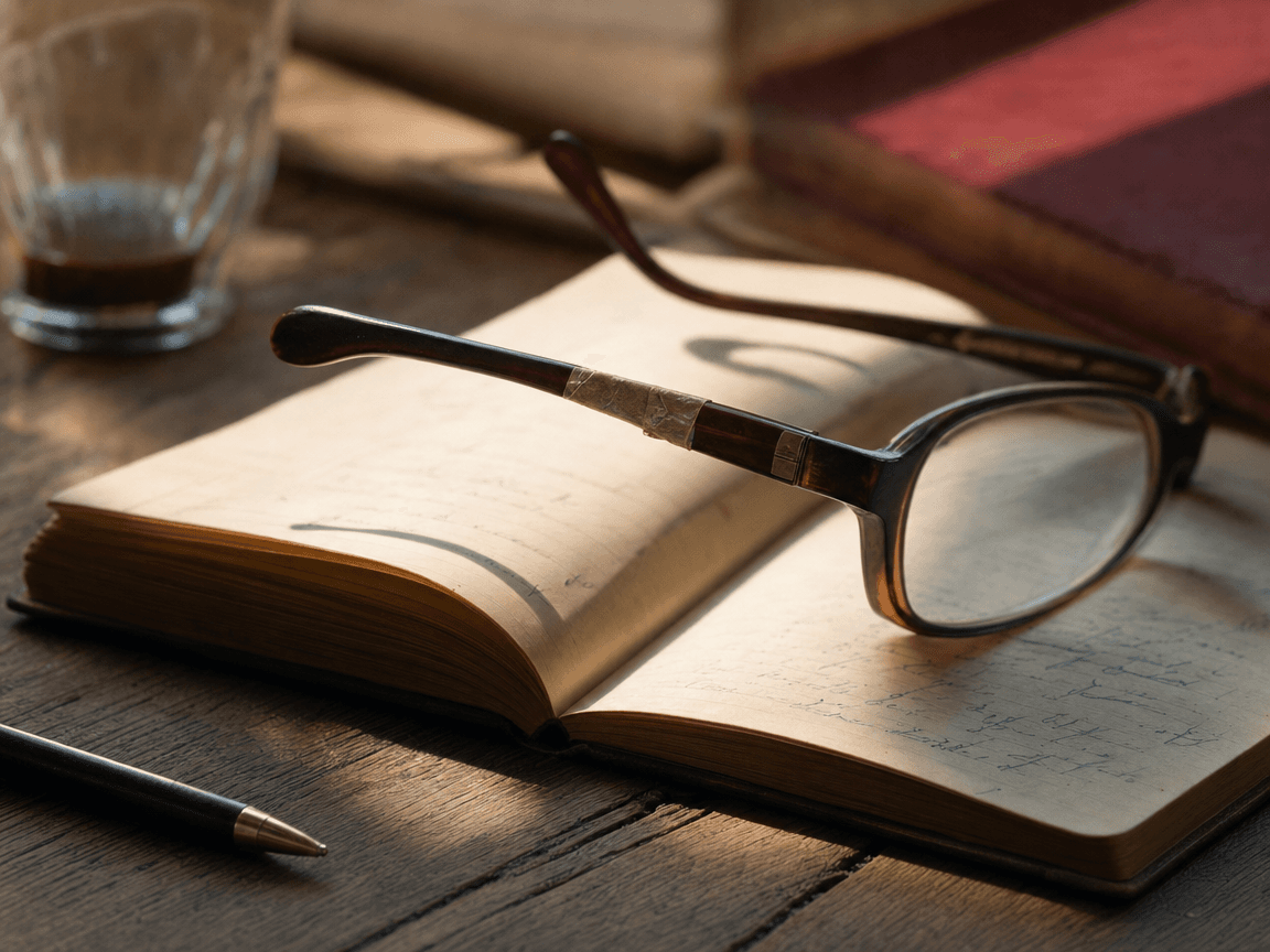 Une paire de lunettes de lecture posée sur un carnet ouvert aux pages jaunies, sur une table en bois baignée d'une lumière d'après-midi rasante, l'une des branches délicatement brisée et retenue par un morceau de ruban adhésif.