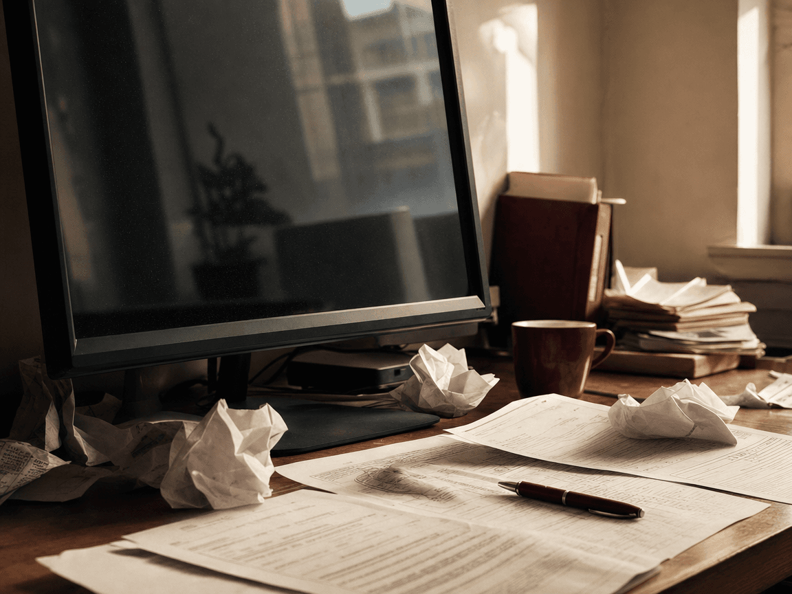 Un écran d'ordinateur de bureau éteint reflète la lumière froide d'une fenêtre, posé sur un bureau en bois encombré de formulaires administratifs froissés et d'un stylo abandonné.