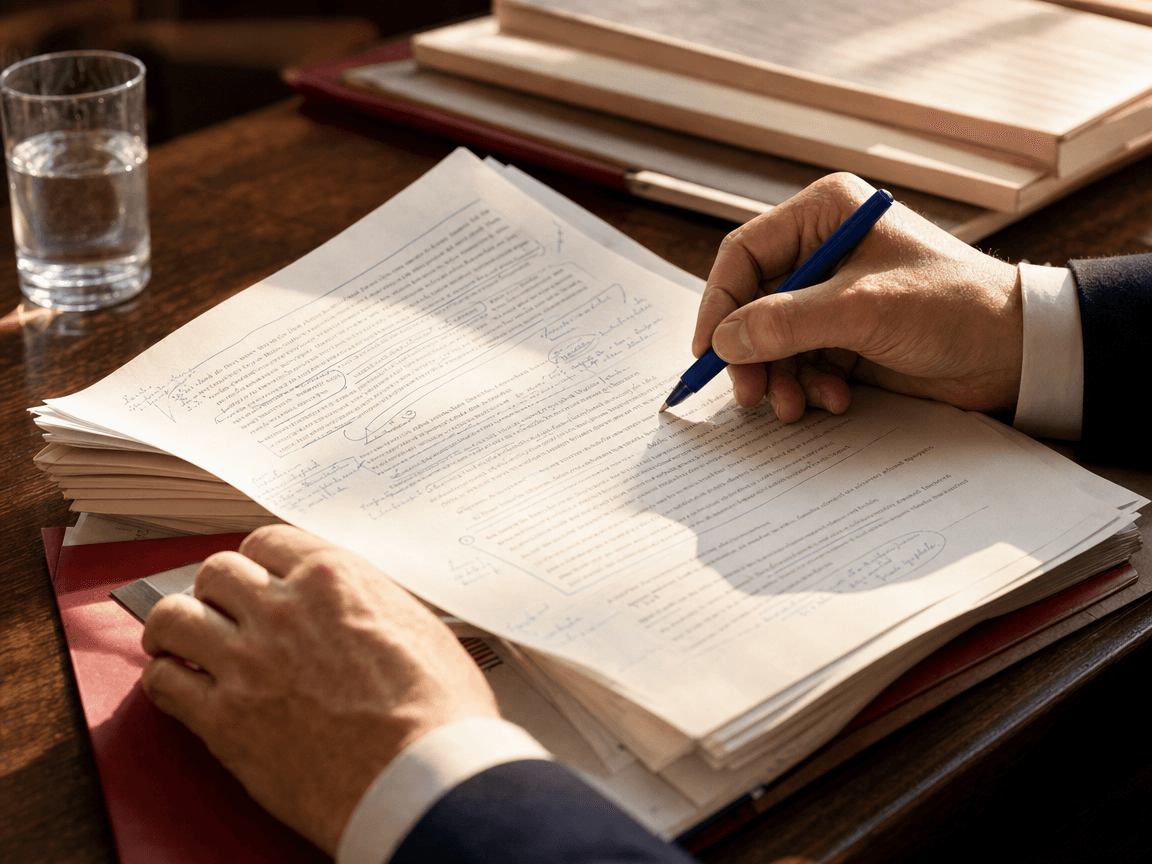 Une pile de documents législatifs annotés au stylo-bille bleu, posée sur un bureau en bois sombre, effleurée par la lumière oblique d'une fin d'après-midi.