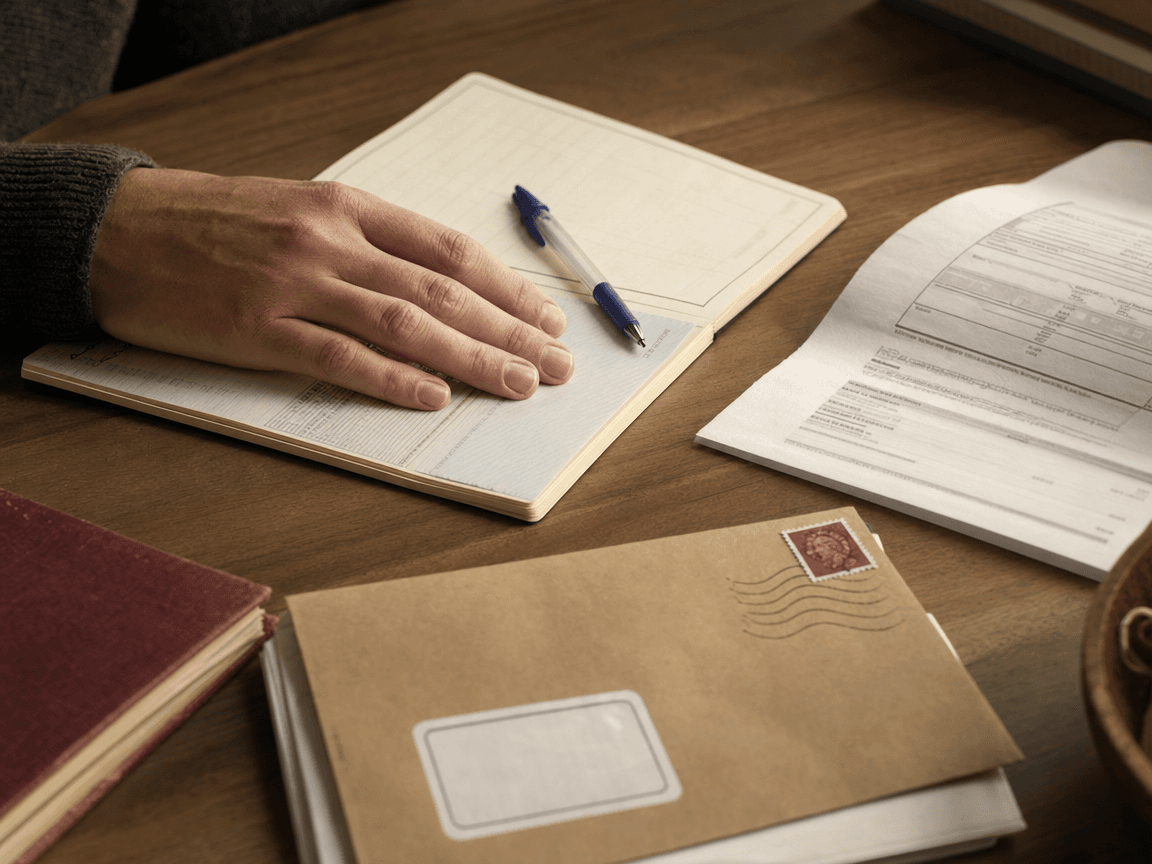 Une main posée sur un carnet de chèques ouvert, stylo bic bleu abandonné en travers, près d'une enveloppe kraft déjà timbrée et d'un avis d'imposition plié en deux sur une table en bois clair, lumière de fin de matinée rasant depuis une fenêtre hors champ.