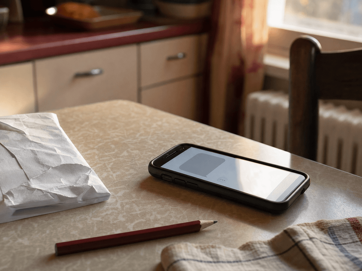 Un téléphone posé sur une table en formica, écran allumé affichant un SMS tronqué, à côté d'une enveloppe CAF froissée et d'un crayon à papier, lumière de cuisine en fin d'après-midi.