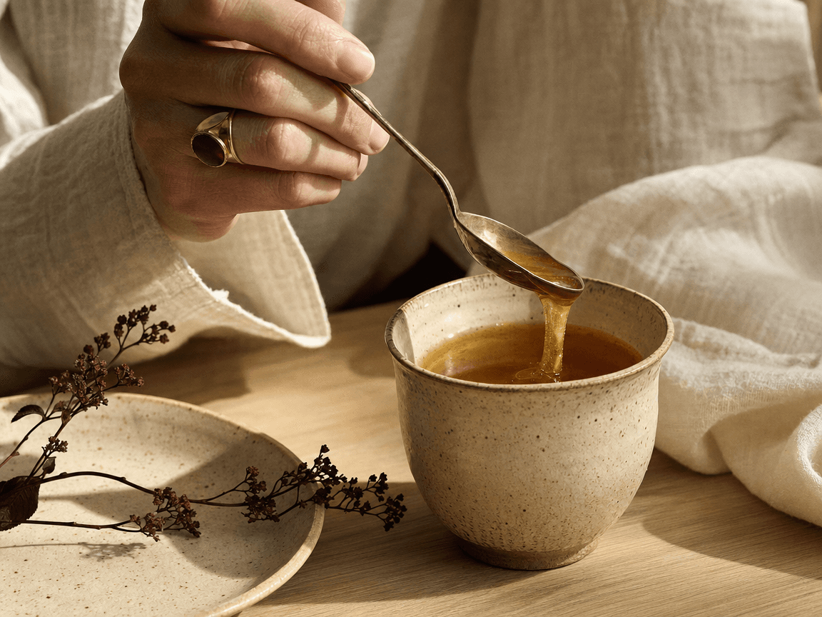 Une tasse en faïence épaisse posée sur une table en bois clair, filet de miel qui s'étire depuis une cuillère, lumière de fin de matinée rasant la surface dorée du liquide.