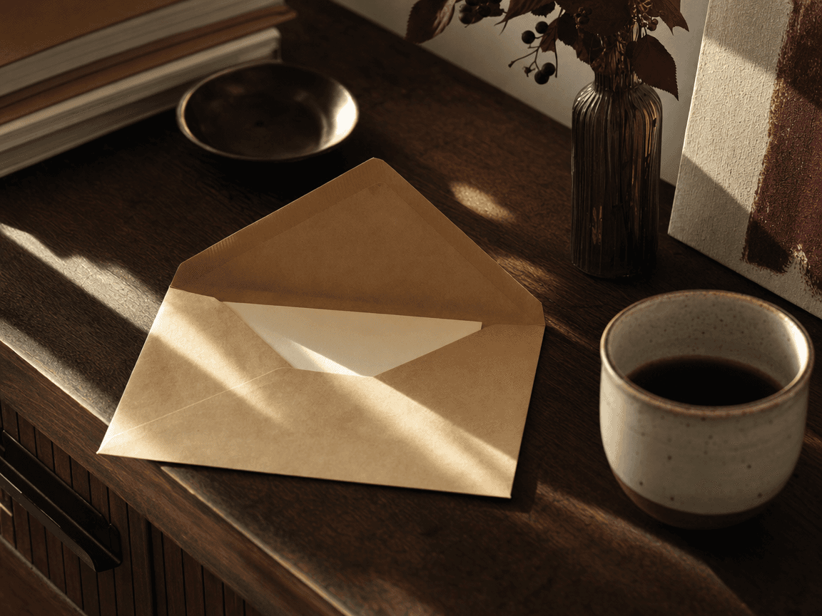 Une enveloppe kraft décachetée posée sur un buffet en bois sombre, à côté d'une tasse de café refroidie, dans la lumière oblique d'une fin d'après-midi d'octobre.