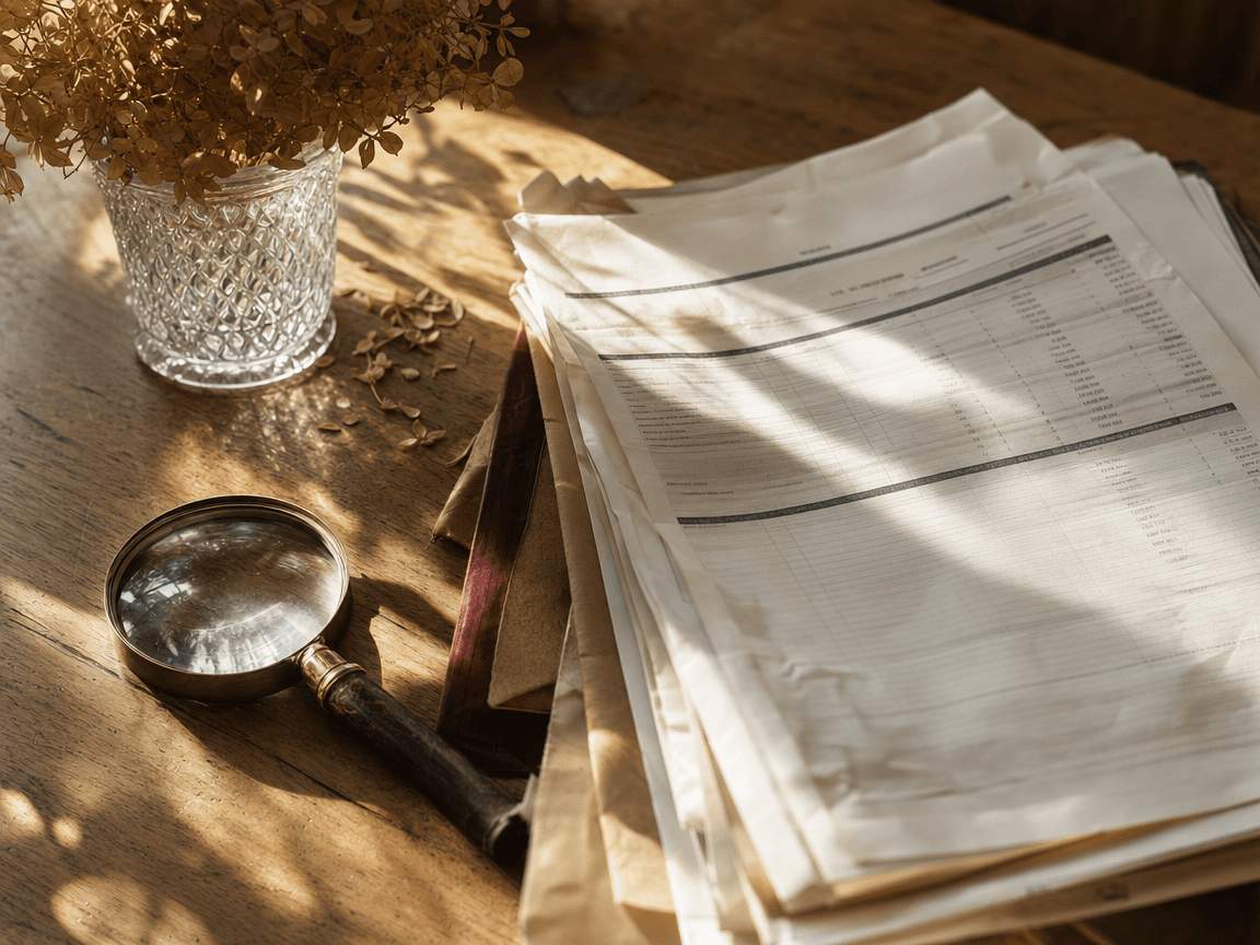 Une liasse de relevés de pension posée sur une table en bois clair, légèrement froissée, effleurée par la lumière rasante d'une fenêtre d'automne.