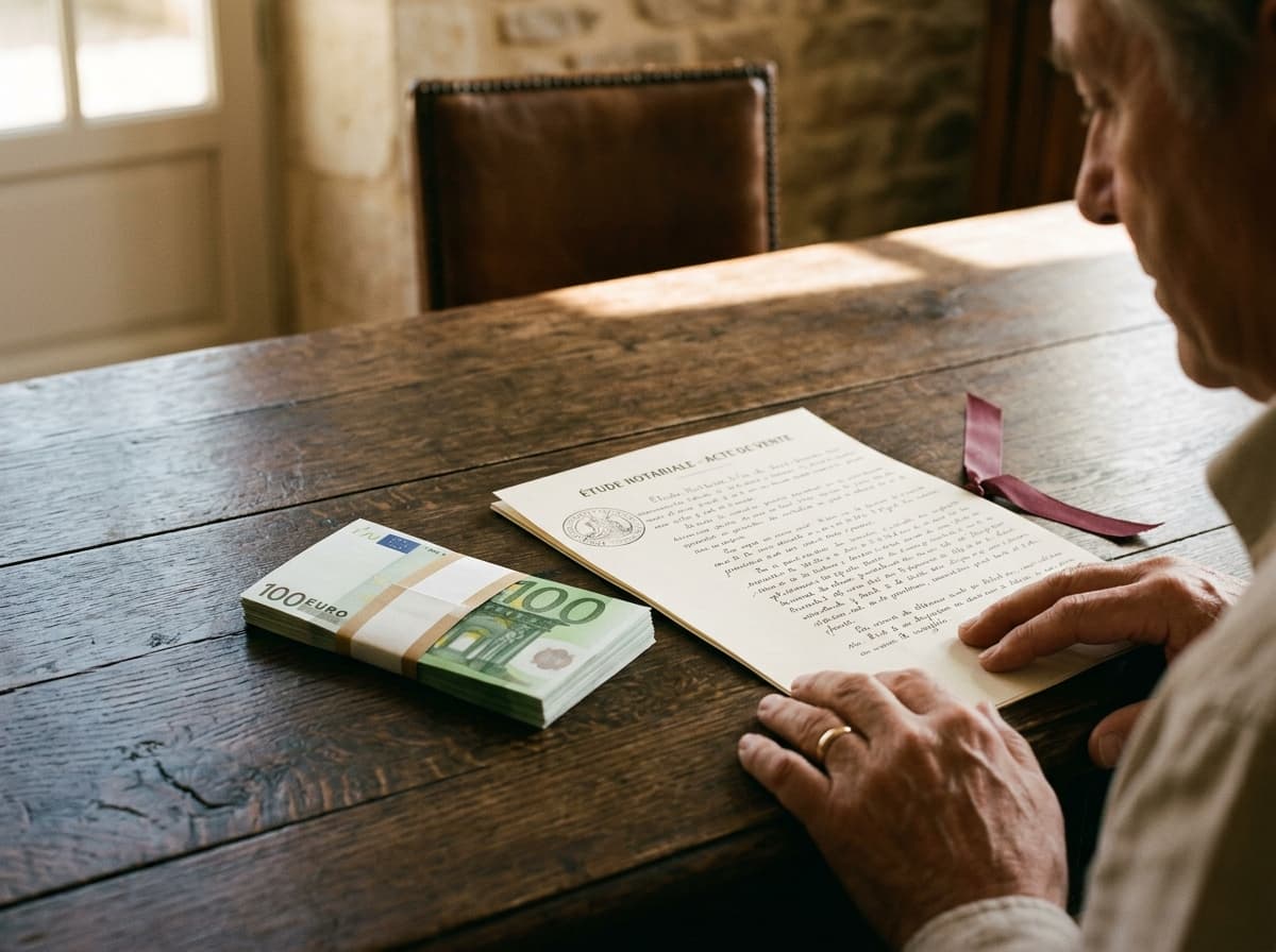 Une liasse de billets de cent euros posée à plat sur une table en chêne ancien, à côté d'un acte notarié manuscrit dont on ne lit que l'en-tête, lumière de fin d'après-midi rasant le grain du bois.