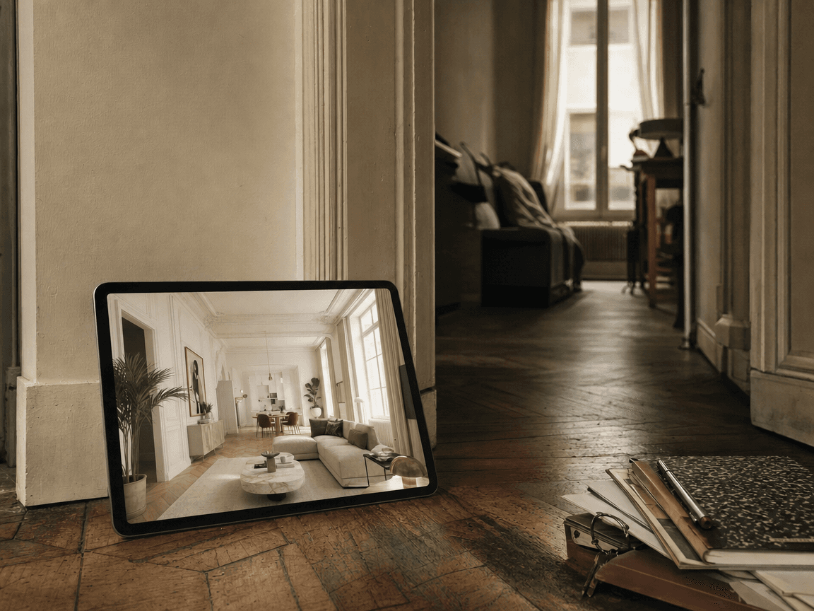 Une tablette posée sur un parquet usé affiche le rendu IA d'une pièce lumineuse et haute de plafond, tandis que derrière elle s'étire la même pièce réelle, étroite et sombre.