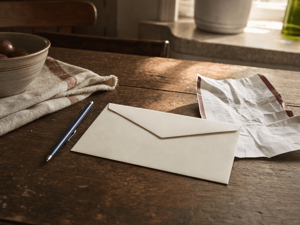 Une enveloppe de virement bancaire posée sur une table en bois usé, à côté d'un stylo bic et d'un relevé de compte froissé, éclairée par la lumière rasante d'une fenêtre de cuisine en fin de matinée.