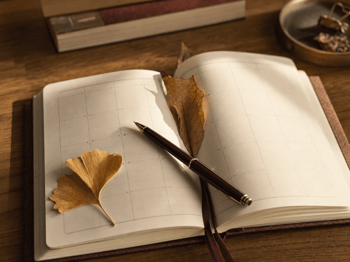 Un agenda de bureau ouvert sur deux pages d'automne, stylo posé en travers, quelques feuilles mortes dorées glissées entre les pages, lumière rasante de fin d'après-midi sur le papier crème.
