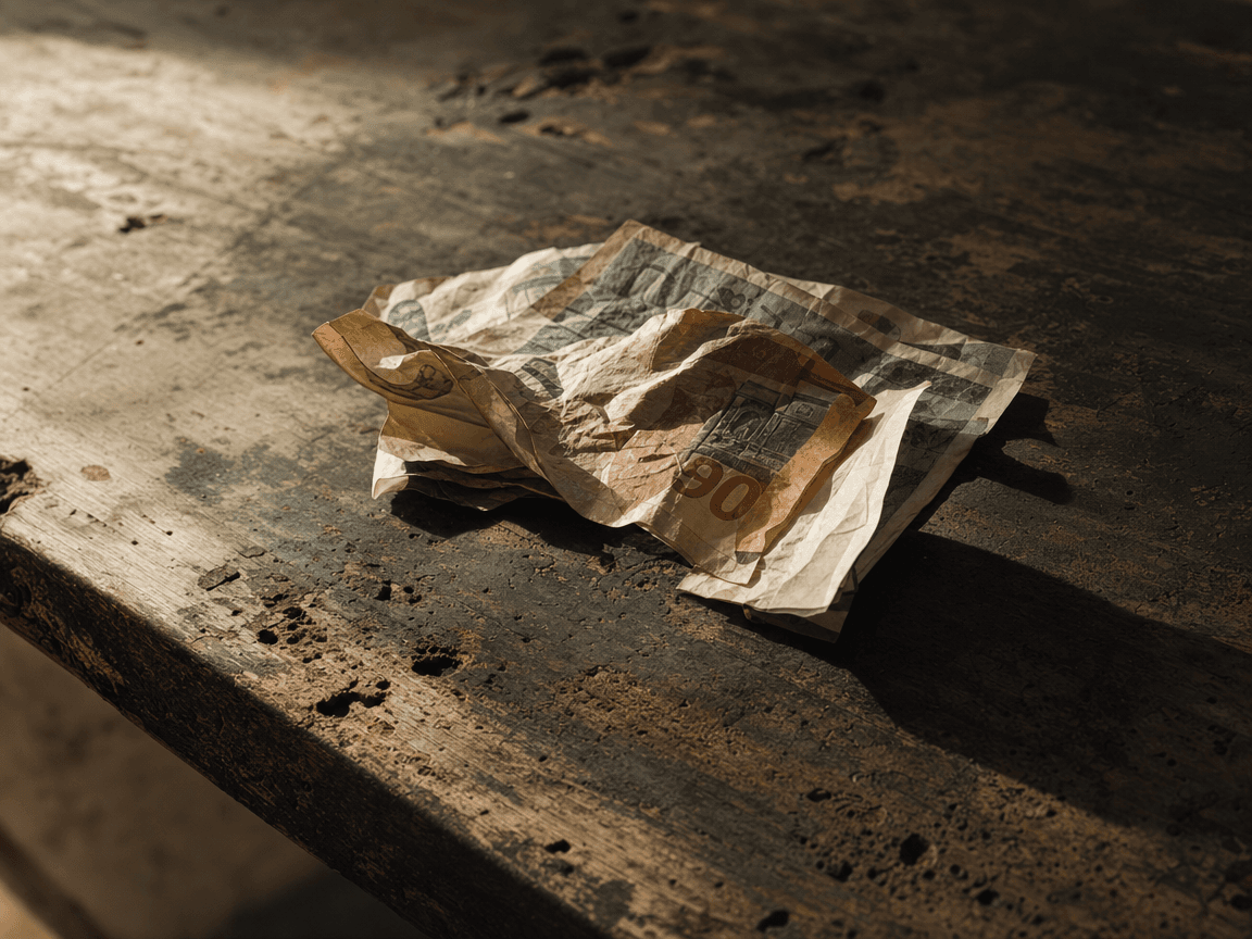 Une liasse de billets froissés posée à plat sur une table en bois brûlé, éclairée par un rai de lumière oblique venu d'une fenêtre hors champ.