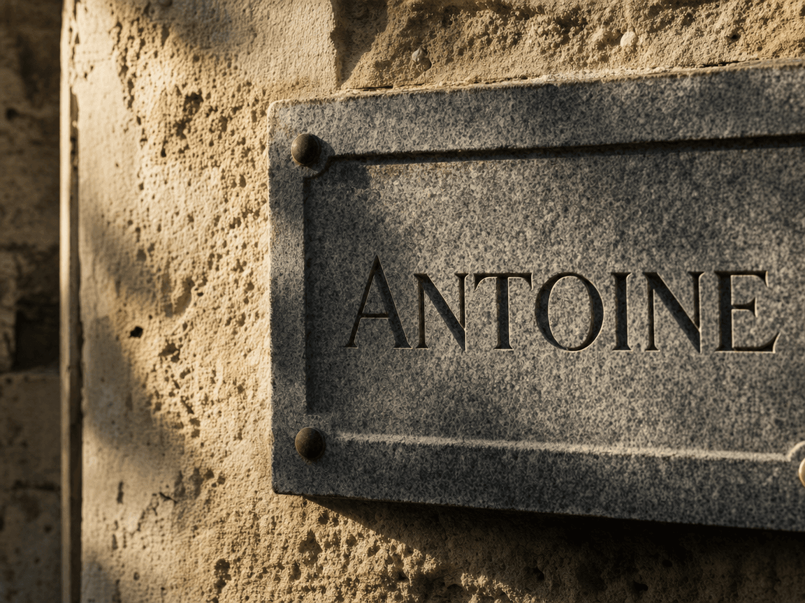 Une plaque de granit gris fixée sur un mur de pierre, éclairée en lumière rasante de fin d'après-midi, où les lettres gravées d'un prénom projettent une ombre fine sur la surface froide.
