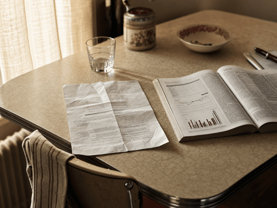 Une table de cuisine en formica usé sur laquelle reposent, côte à côte, un avis de versement de retraite froissé et un journal ouvert sur une page de statistiques, baignés d'une lumière de fin d'après-midi filtrant par un rideau de lin.