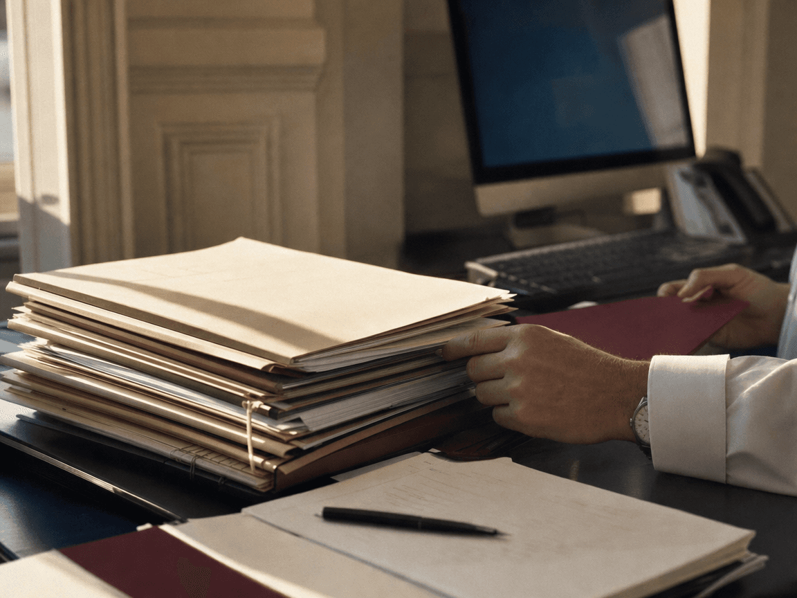 Un bureau ordonné en fin de journée, lumière rasante dorée sur une pile de dossiers papier intacts, écran d'ordinateur allumé en arrière-plan dont le reflet bleuté se dissout dans l'ombre.