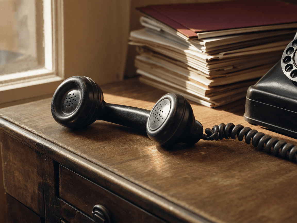 Un combiné téléphonique ancien posé sur une table en bois, fil enroulé, lumière de fin d'après-midi rasant la surface.