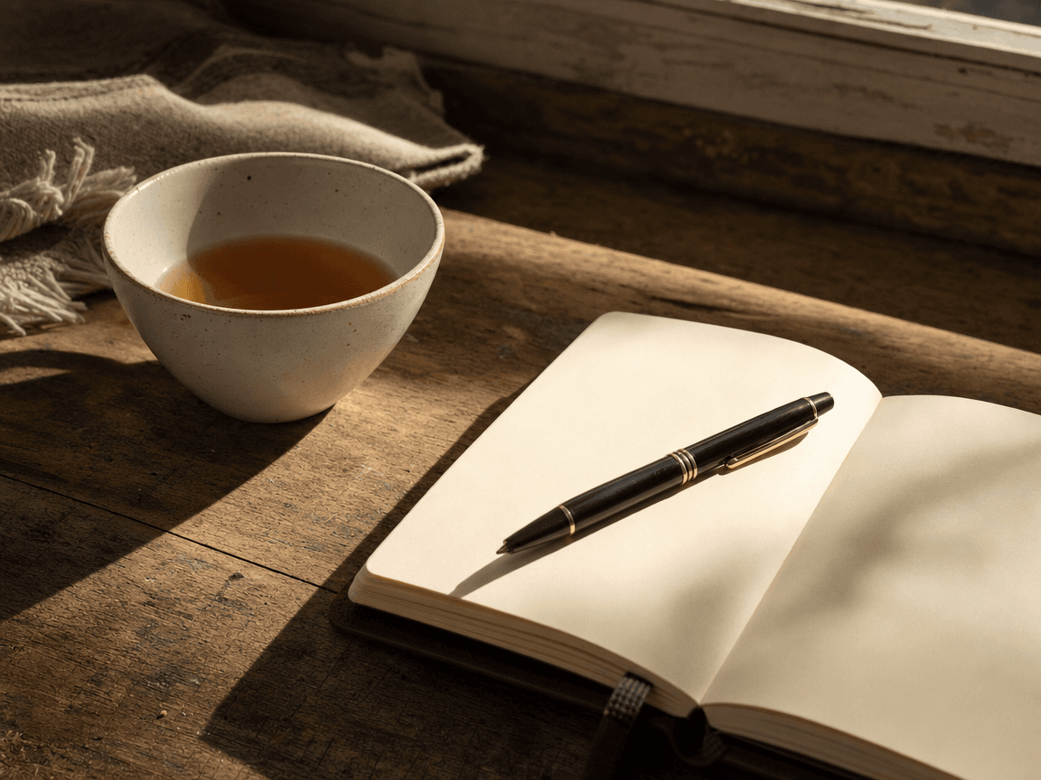 Une tasse de thé à moitié pleine posée sur une table en bois usé, à côté d'un carnet ouvert aux pages vierges et d'un stylo abandonné en travers, baignés dans la lumière oblique d'une fin d'après-midi de septembre.