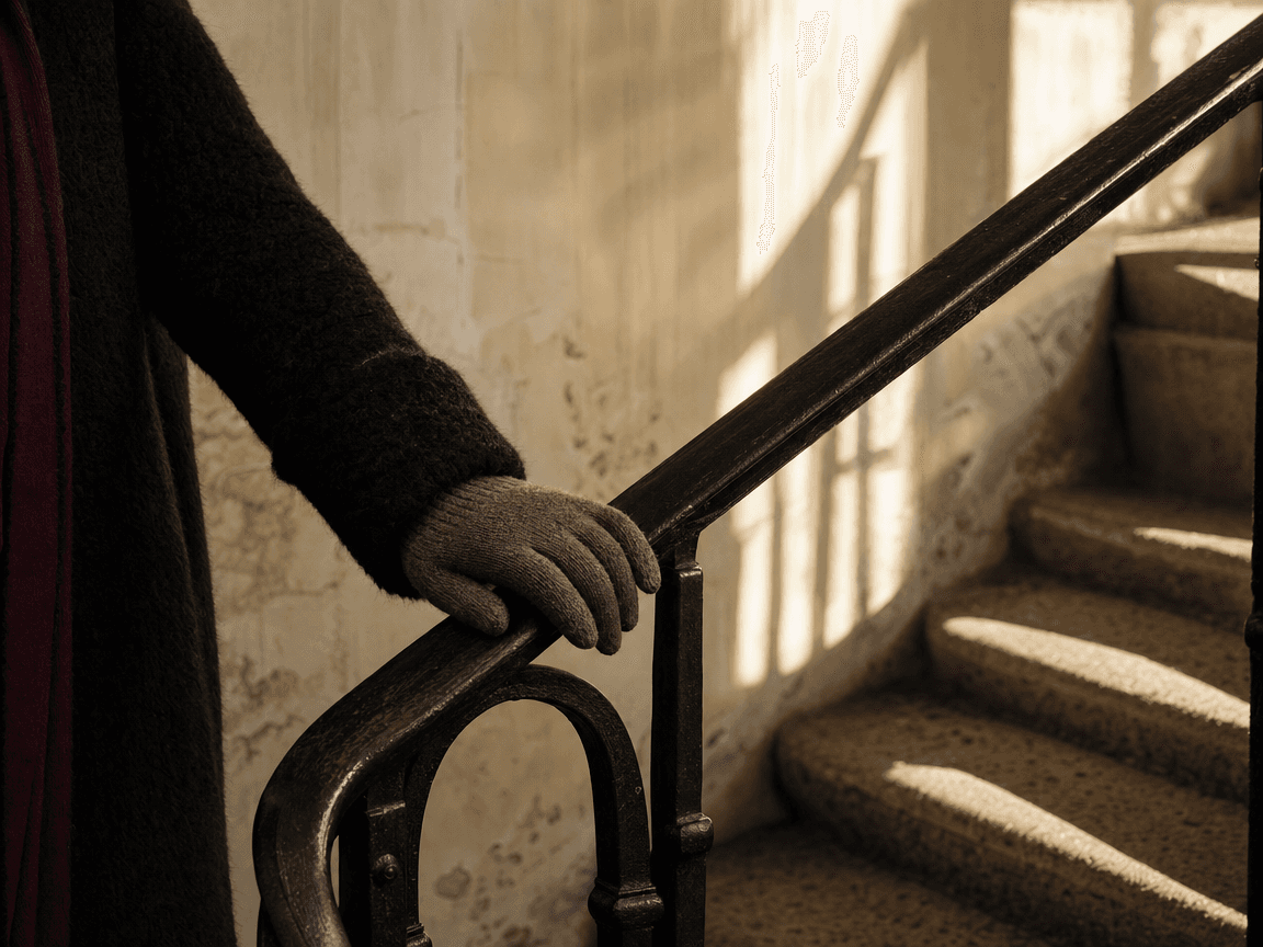 Une main gantée de laine posée sur la rampe en fer forgé d'un escalier de pierre usé, lumière rasante de fin d'après-midi.