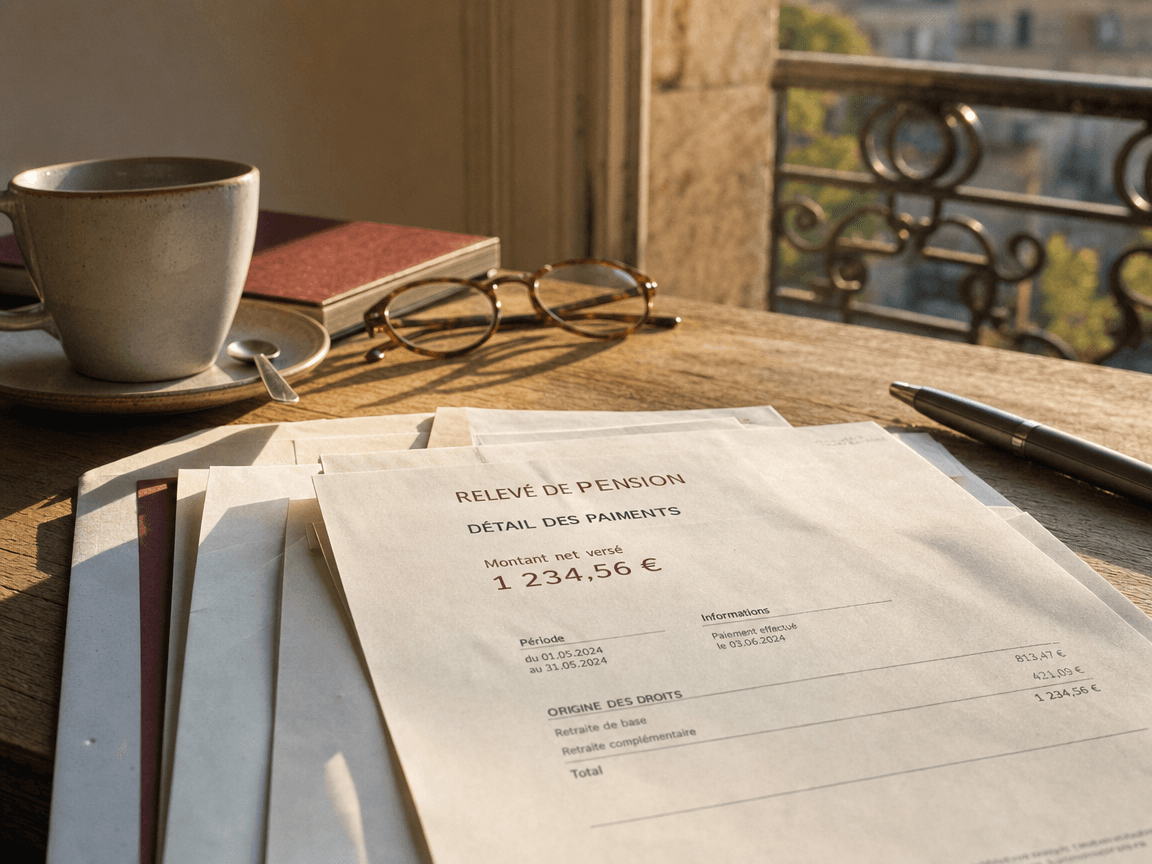 Une liasse de bulletins de pension posée sur une table en bois usé, éclairée par la lumière oblique d'une fenêtre d'appartement, le chiffre imprimé légèrement flou mais lisible, atmosphère de fin d'après-midi dorée.