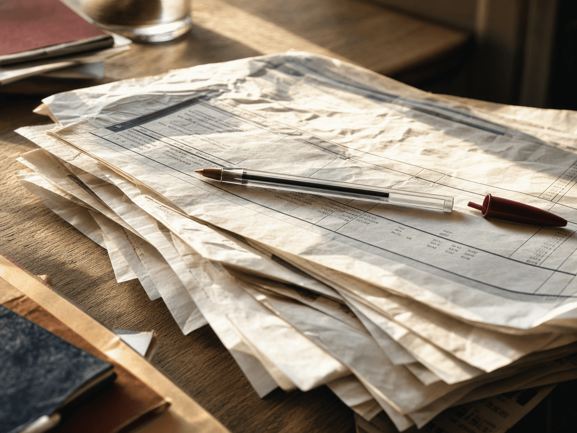 Une liasse de bulletins de paie froissés posée sur un bureau en bois, effleurée par la lumière oblique d'une fin d'après-midi, un stylo bic décapuchonné abandonné dessus.