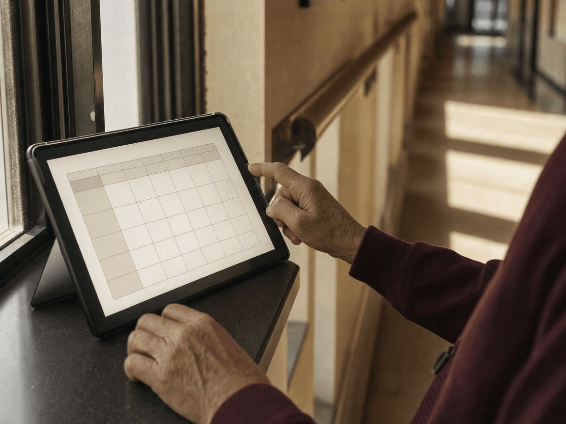 Une tablette de contrôle posée sur le rebord d'un couloir d'institution, écran allumé affichant une grille d'évaluation vierge, lumière de fin d'après-midi rasant le carrelage beige.
