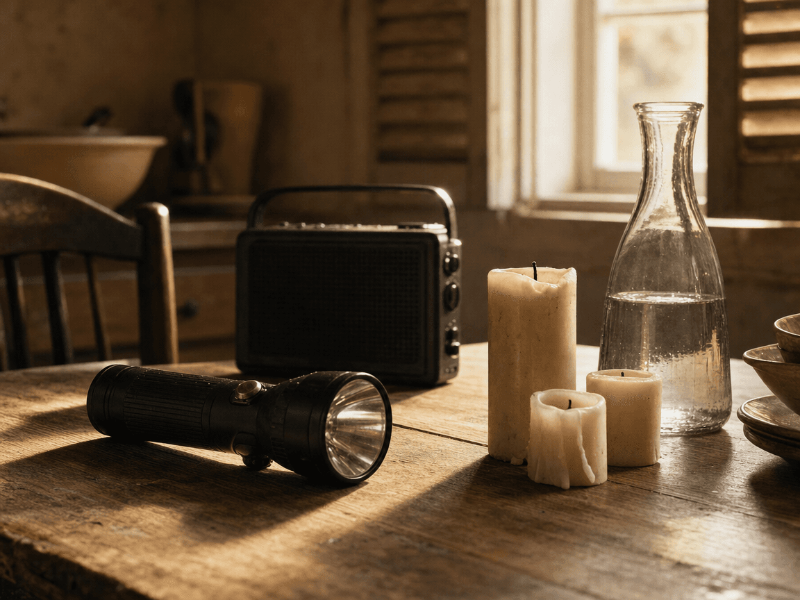 Une lampe torche posée sur une table de cuisine en bois, entourée de bougies éteintes, d'une radio à piles et d'une carafe d'eau, baignés dans la lumière rasante d'une fin d'après-midi qui entre par une fenêtre aux volets mi-clos.