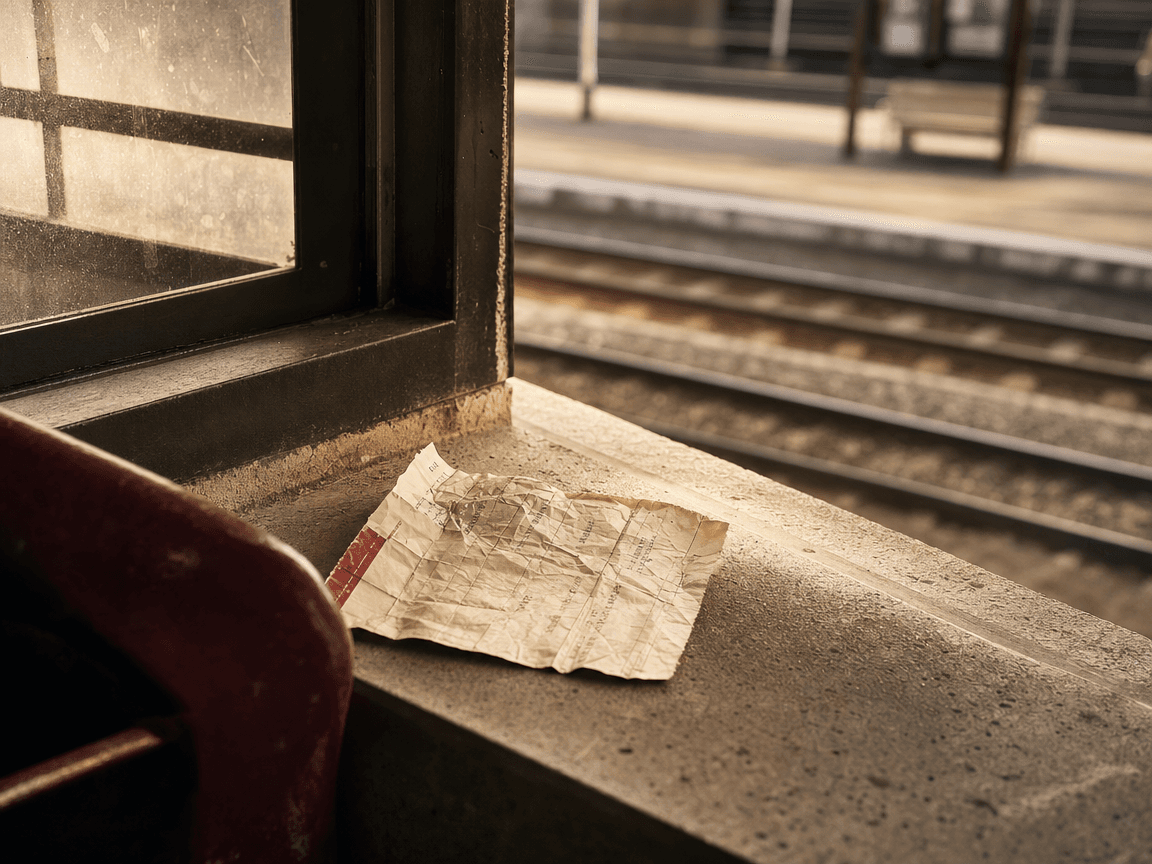 Un billet de train froissé posé sur le rebord d'une fenêtre de quai, la lumière du matin rasant les rails qui s'étirent vers le fond flou.