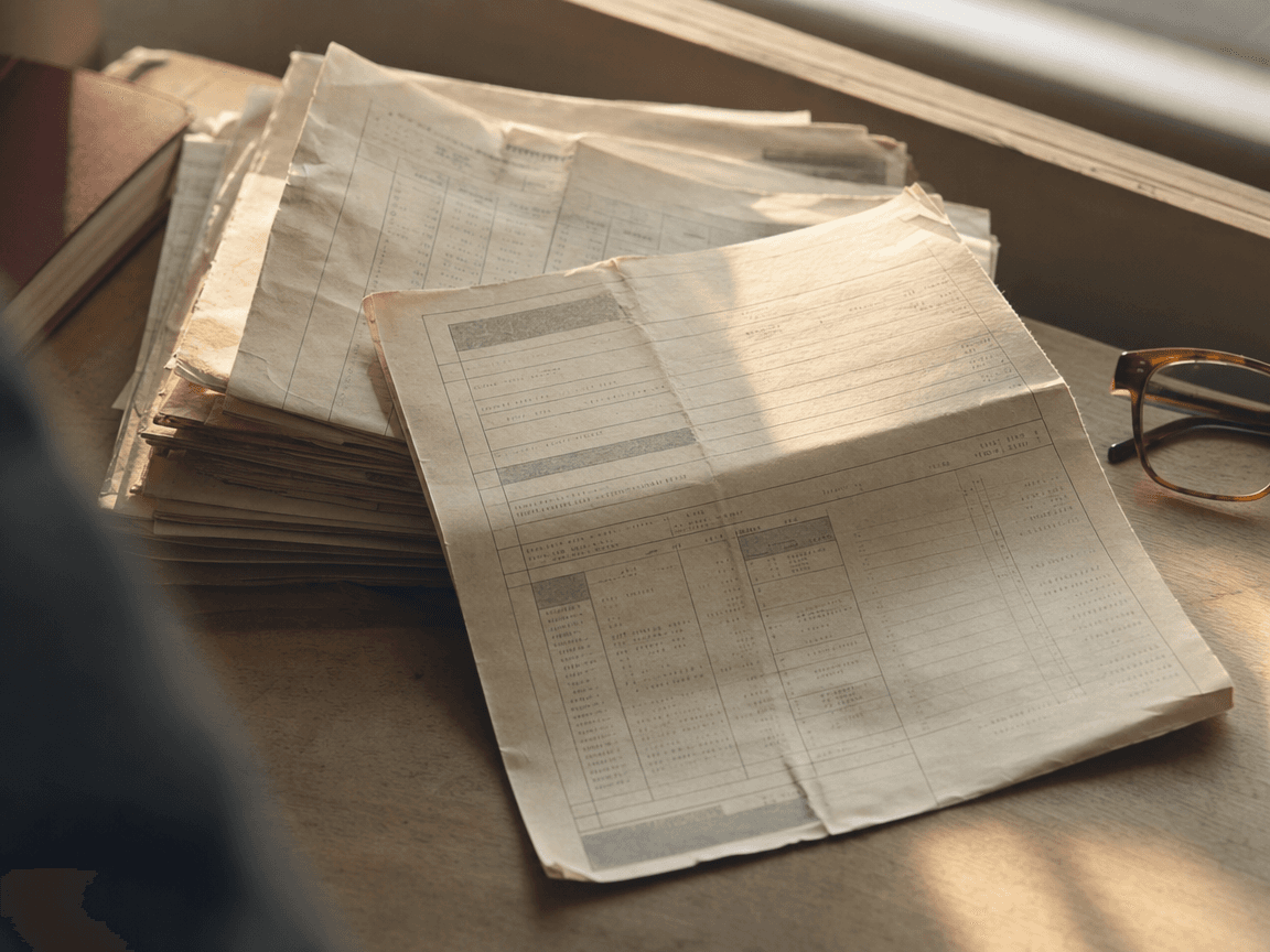 Une liasse de bulletins de salaire jaunis et un avis de liquidation de retraite posés sur une table en bois clair, éclairés en lumière rasante de fin d'après-midi, le tout légèrement froissé comme si on venait de les relire.