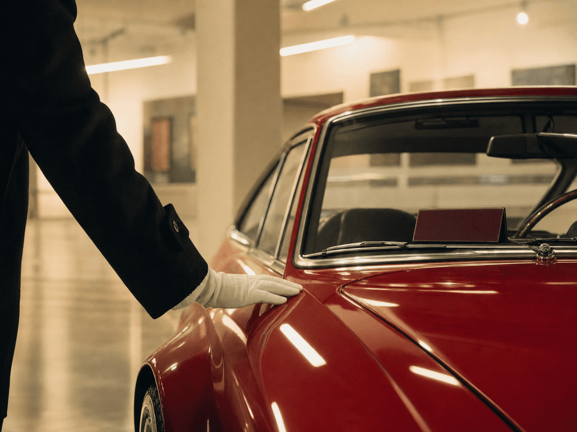 Une main gantée de blanc effleure le capot laqué d'un coupé rouge vif sous les néons froids d'un hall d'exposition désert, un badge « RÉSERVÉ » posé sur le pare-brise.