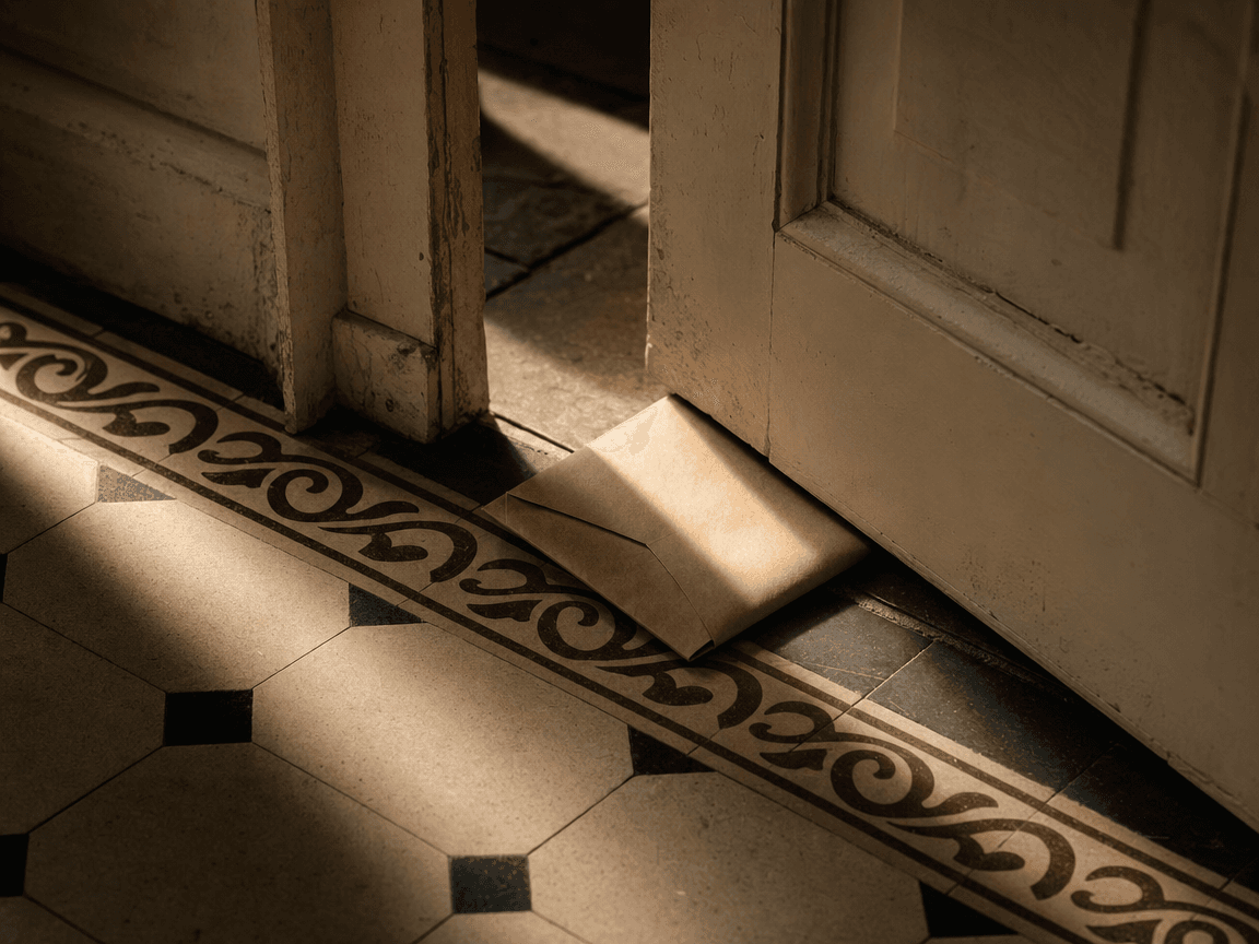 Une enveloppe kraft glissée sous une porte entrouverte, la lumière rasante du matin dessinant son ombre sur le carrelage ancien d'un couloir.