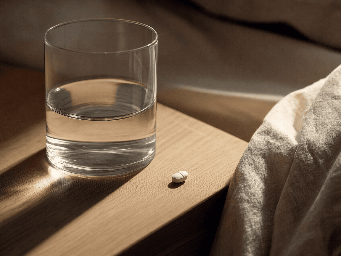 Un verre d'eau à moitié plein posé sur une table de nuit en bois clair, éclairé par la lumière rasante du petit matin, un comprimé blanc isolé sur le bois à côté.