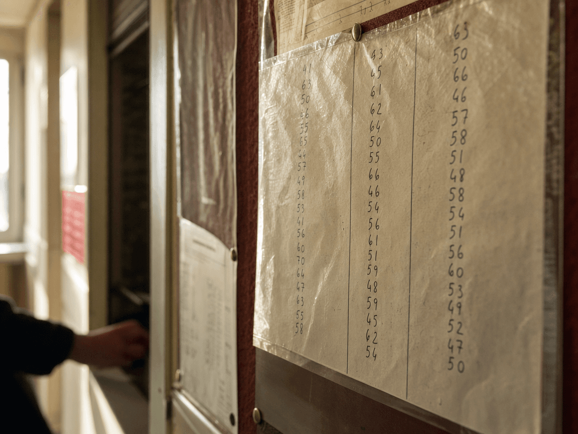 Une fiche plastifiée épinglée sur un panneau d'affichage institutionnel, froissée aux coins, sur laquelle trois colonnes de chiffres manuscrits se détachent à peine dans la lumière oblique d'un couloir.