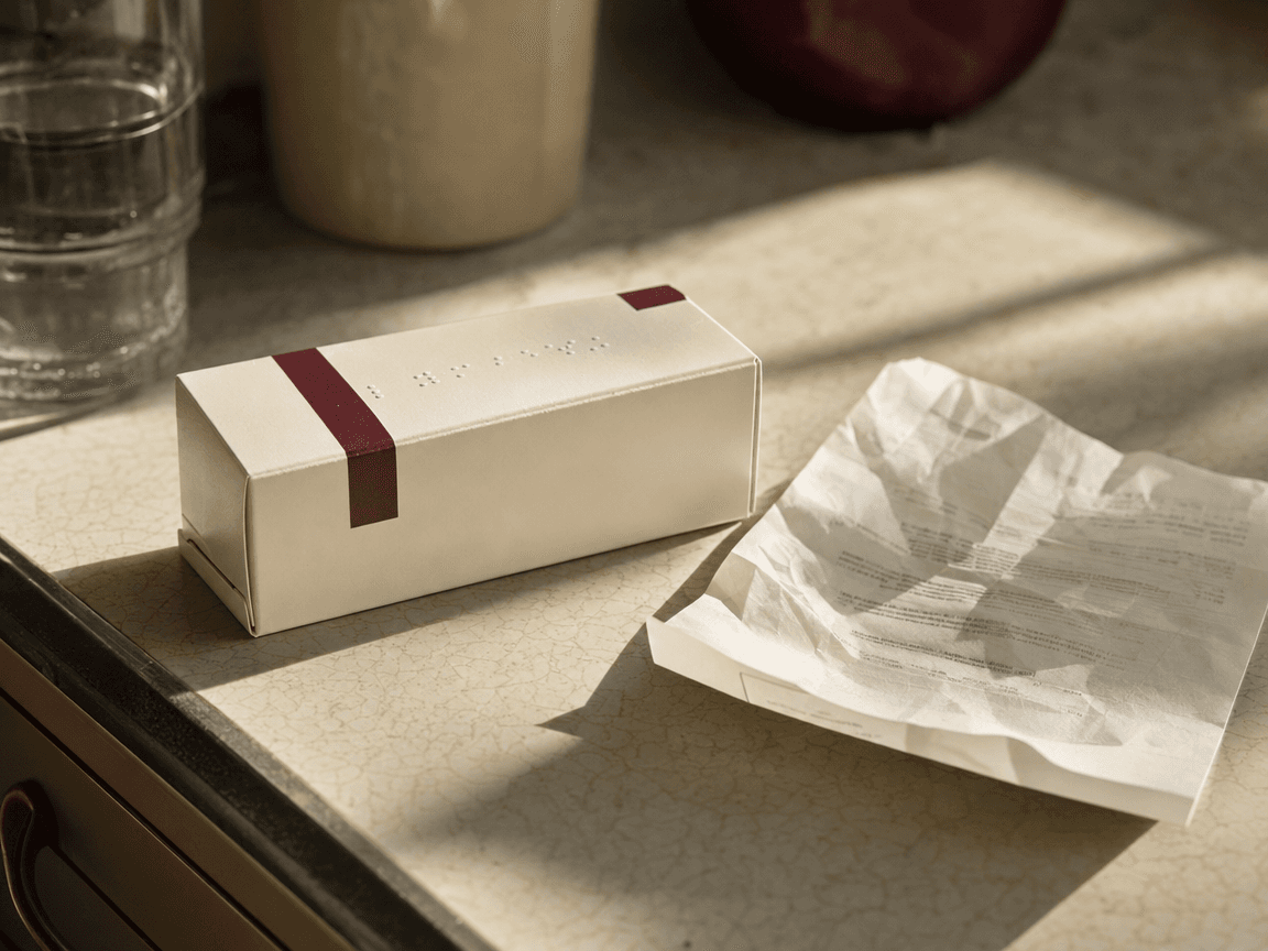 Une boîte de médicaments générique posée sur un comptoir de cuisine en formica, éclairée par la lumière rasante d'une fenêtre, le ticket de caisse de pharmacie à moitié froissé à côté.