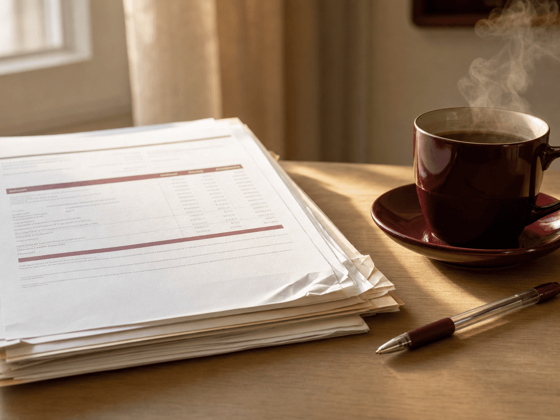 Une liasse de relevés de pension posée sur une table en bois clair, froissée sur un coin, éclairée par la lumière oblique d'une fenêtre de matin, à côté d'un stylo à bille ordinaire et d'une tasse de café dont la vapeur monte encore.