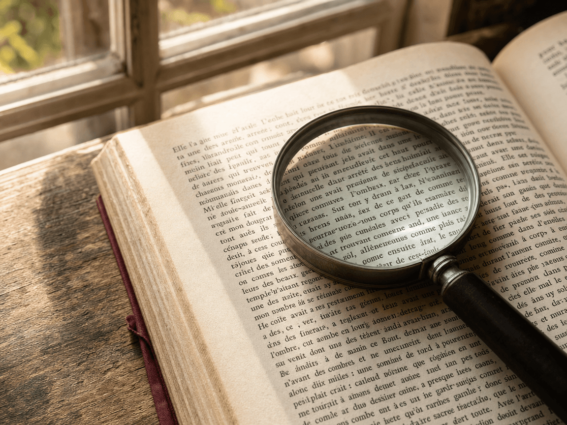 Une loupe posée sur une page de livre ouverte, la lumière du matin traversant une fenêtre à petits carreaux pour faire briller le texte imprimé, photographiée en plongée légère depuis le bord de la table.