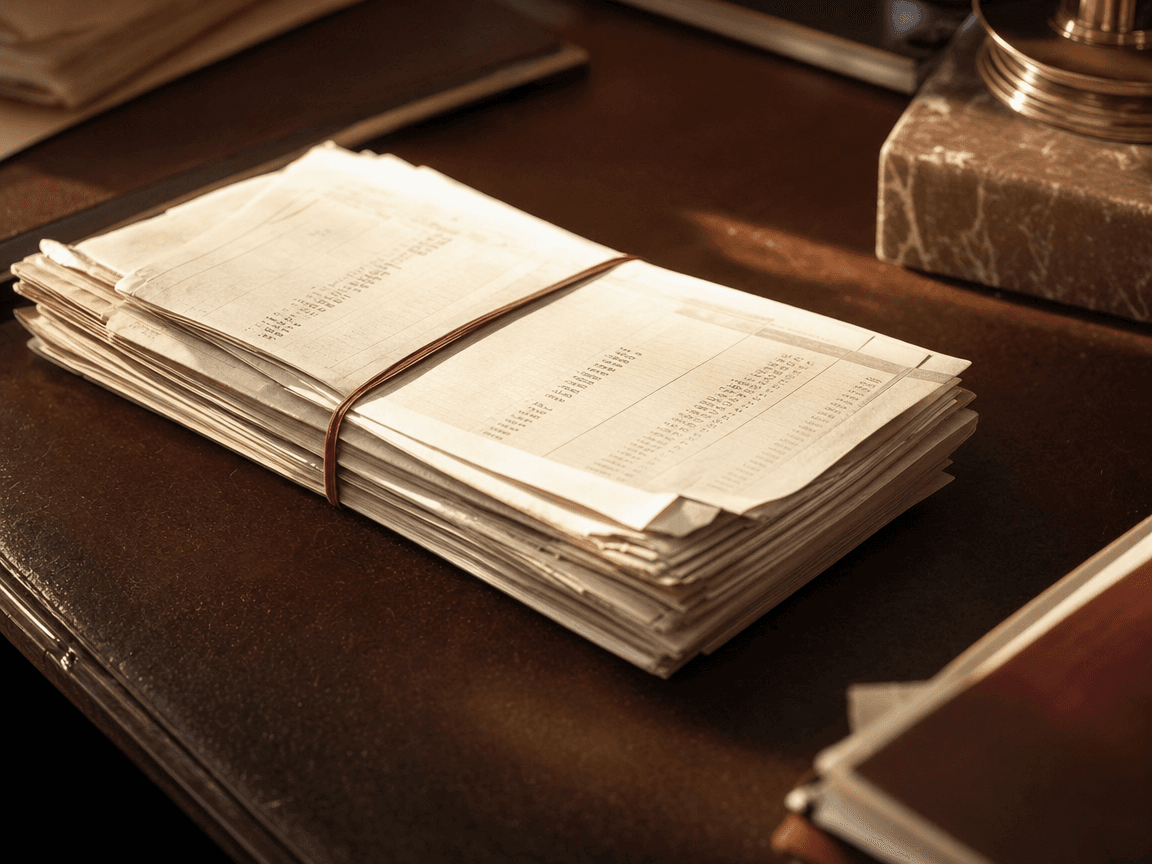 Une liasse de relevés bancaires anciens posée sur un bureau en bois sombre, retenue par un élastique rouge, baignée d'une lumière rasante de fin d'après-midi.