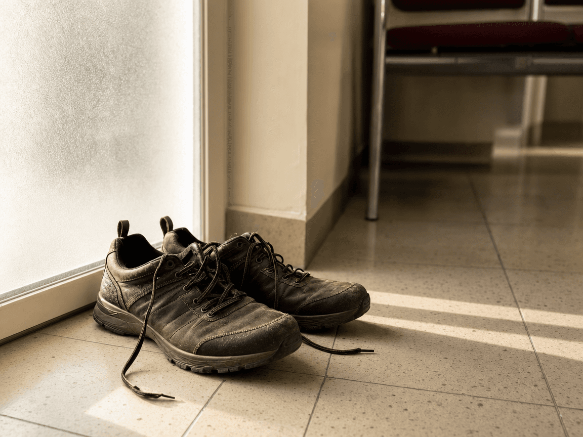 Une paire de chaussures de marche usées, lacets défaits, posées sur le carrelage froid d'un couloir de cabinet médical, éclairées par la lumière oblique d'une fenêtre en verre dépoli.