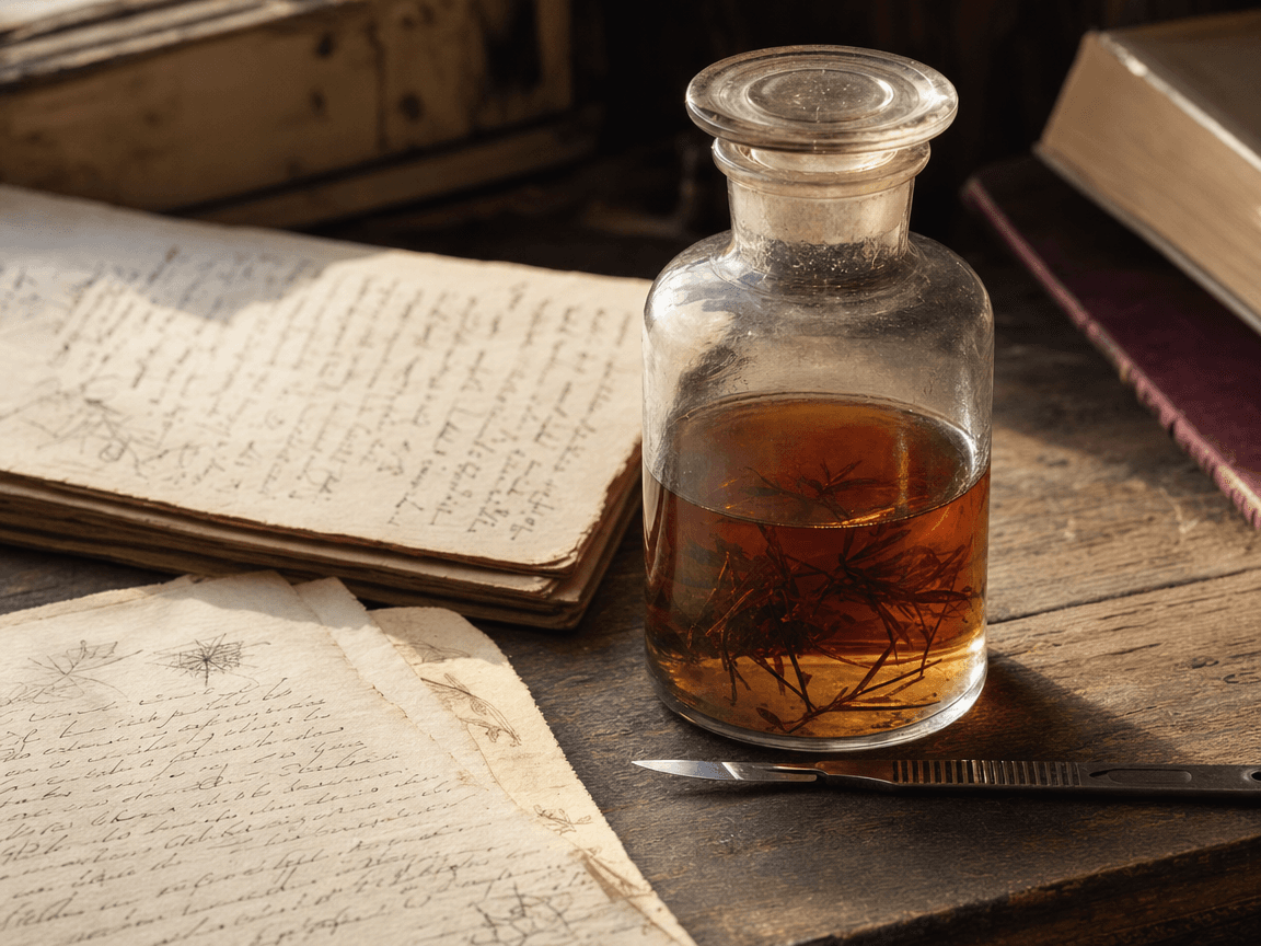Sous une lumière rasante de fin d'après-midi, un bocal en verre contenant un liquide ambré posé sur une paillasse de laboratoire ancienne en bois sombre, entouré de feuillets manuscrits jaunis et d'un scalpel oublié.