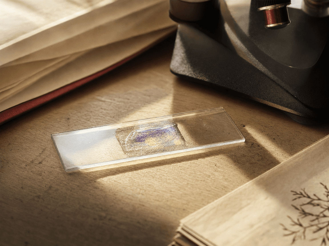 Une lame de microscope posée sur une table de laboratoire en bois clair, traversée par un rai de lumière dorée de fin d'après-midi, révélant les reflets irisés du verre.