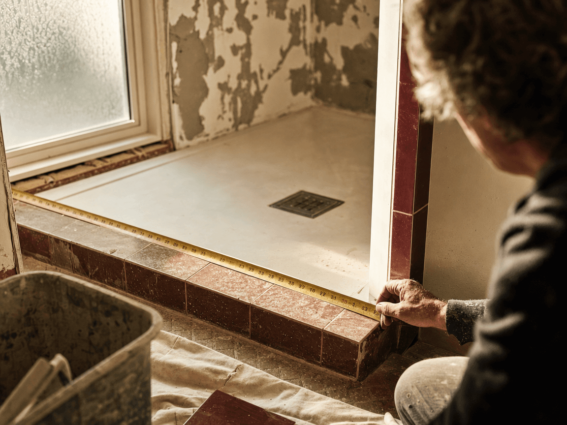 Une salle de bains en cours de transformation — un receveur de douche à l'italienne encore cerné de carrelage ancien, un mètre de chantier posé en travers du seuil, lumière rasante de fin d'après-midi filtrant par une fenêtre givréе.
