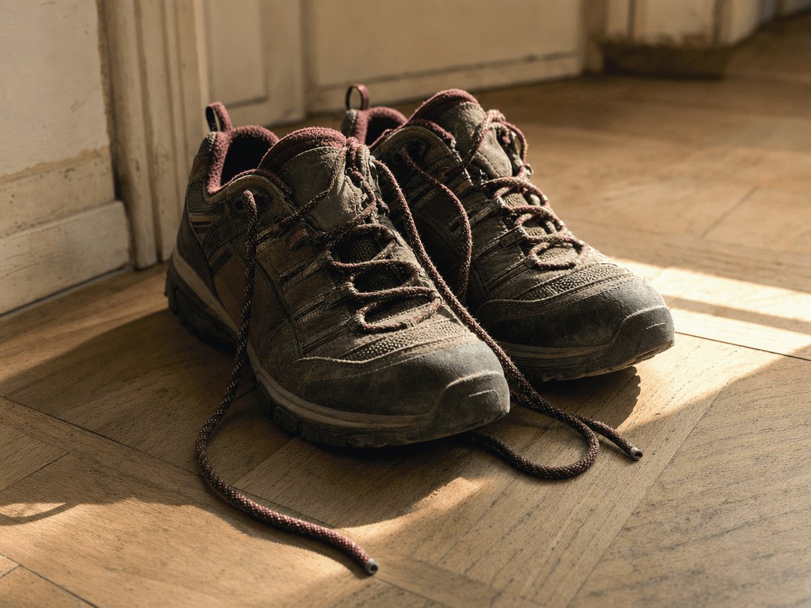 Des chaussures de marche posées sur un parquet en bois clair, la lumière du matin rasante sur les lacets encore défaits.