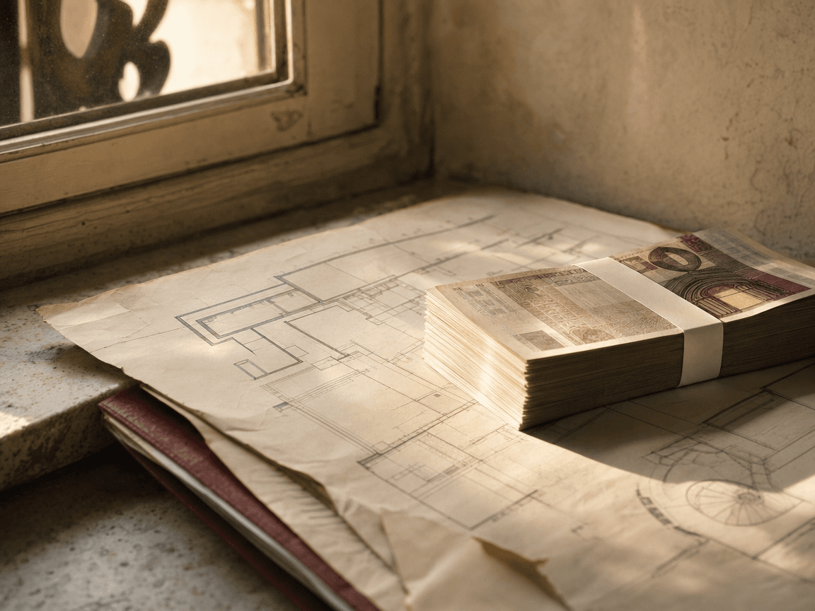 Une liasse de billets posée sur un plan d'architecte légèrement froissé, près d'une fenêtre dont la lumière de fin d'après-midi découpe de longues ombres dorées sur le papier.