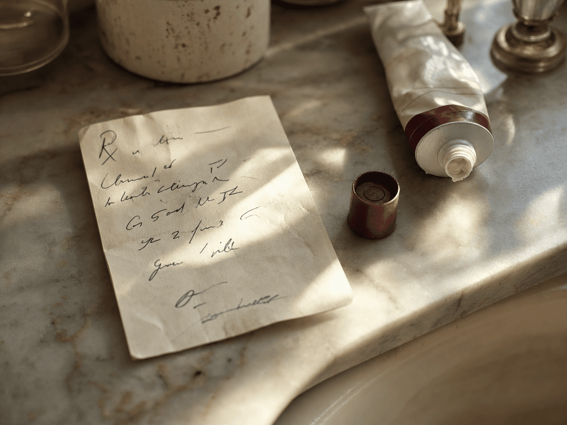Une ordonnance manuscrite posée sur un marbre de salle de bains, à côté d'un tube de crème ouvert dont le couvercle a roulé légèrement, lumière rasante de fin de matinée.