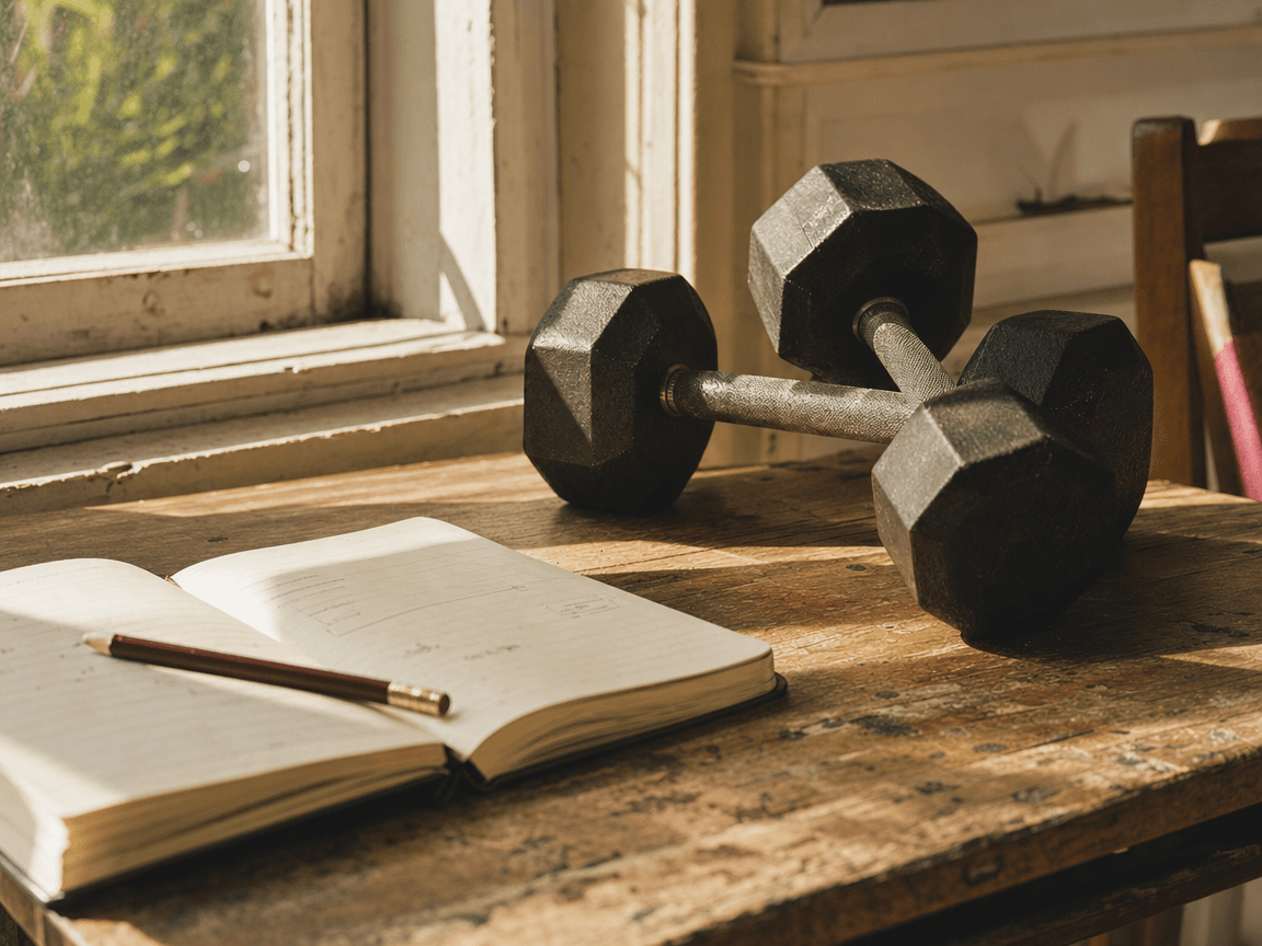 Une paire d'haltères posée sur une table en bois usé, près d'une fenêtre dont la lumière du matin découpe une ombre nette sur le plateau, un carnet ouvert et un crayon à côté.